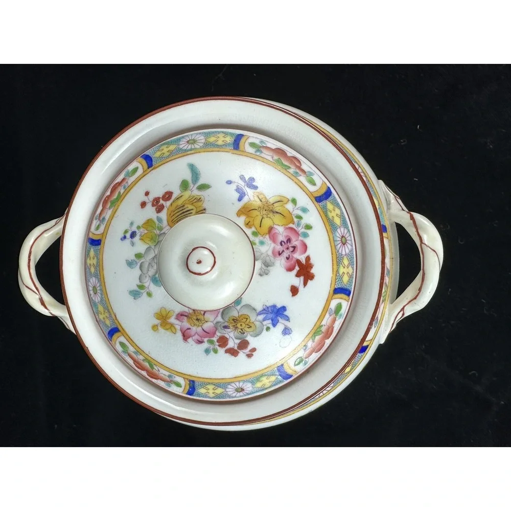 Mintons Rose Sugar Bowl & Lid England Globe Stamp Antique Edwardian Garland